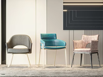 Modern Accent Chairs in Gray Blue Pink with Metal Legs and Geometric Wall Decor 3d model