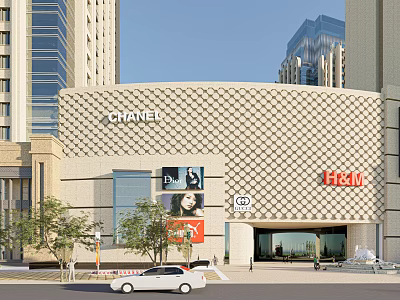 Modern Commercial Complex Featuring Geometric Facade Retail Shops Chatime H&M Street Entrance and Trees 3d model