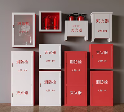 Red Wall Mounted Fire Equipment With Cabinets Extinguishers And Safety Markings 3d model