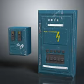 Two Blue Industrial Equipment Distribution Boxes With Lightning Symbol Numbered 2314 And Control Panels 3d model