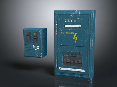 Two Blue Industrial Equipment Distribution Boxes With Lightning Symbol Numbered 2314 And Control Panels 3d model