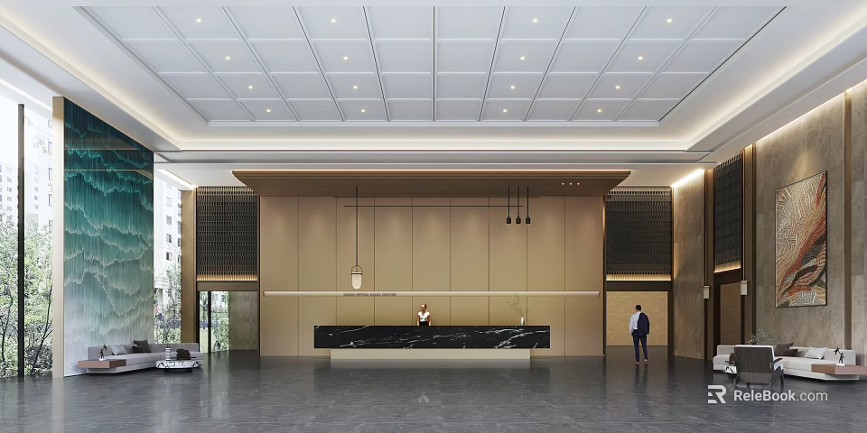 Modern Hotel Lobby Interior Design With Elegant Reception Desk And Ceiling Lighting 3d model 
