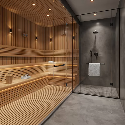 Luxury SPA Sauna With Wooden Interior And Glass Partition 3d model
