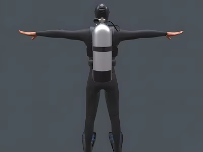 Diver In Black Diving Suit With Silver Oxygen Tank And Arms Outstretched Against Gray Background 3d model