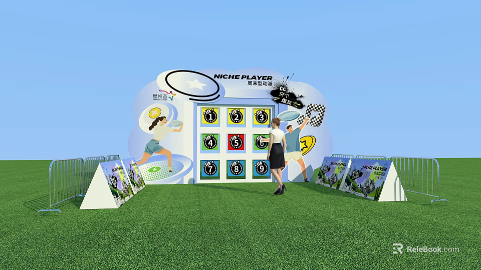 Incheon Playground Exhibition Booth With Green Lawn And Sports Icons Display Boards 3d model 