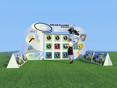 Incheon Playground Exhibition Booth With Green Lawn And Sports Icons Display Boards 3d model