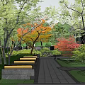 Serene Residential Landscape With Trees Stone Paved Path Benches And Green Lawns