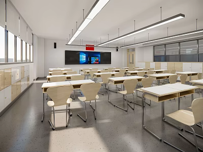 Modern School Classroom With Desks Chairs Large Screen And Bright Windows 3d model