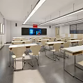 Modern School Classroom With Desks Chairs Large Screen And Bright Windows 3d model