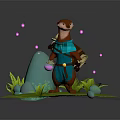 Anthropomorphic Badger In Blue Outfit Holding Purple Bottle On Green Grass With Pink Glowing Orbs