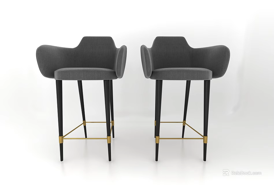 Modern Gray Bar Stools With Armrests Black Legs And Gold Accents 3d model 