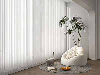White Vertical Blinds in Cozy Room with Bean Bag Chair Cat Palm Plant and Rug 3d model