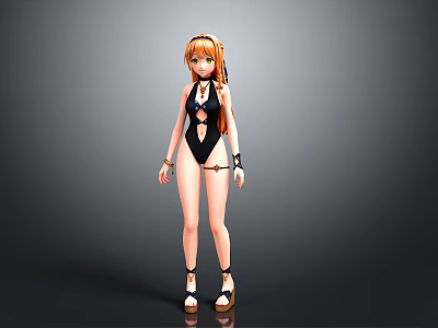 3D Female Character With Orange Long Hair Black Swimsuit Accessories Sandals And Gray Background 3d model