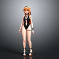 3D Female Character With Orange Long Hair Black Swimsuit Accessories Sandals And Gray Background