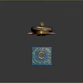 Traditional Decorative Building With Pointed Roof Red Door Wooden Horns Blue Rug And Small Candle