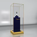 Display Showcase with Golden Frame Transparent Design Holding Blue L'egende Bottle on Golden Base