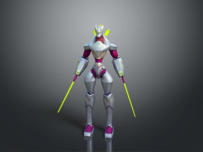 Game Movie Character Design Of Futuristic White Pink Silver Robot With Yellow Staff Weapons 3d model