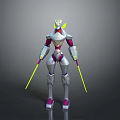 Game Movie Character Design Of Futuristic White Pink Silver Robot With Yellow Staff Weapons