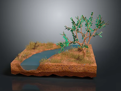 Cartoon Style Natural Scene With Small Stream Green Tree And Grass On Brown Land 3d model