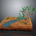 Cartoon Style Natural Scene With Small Stream Green Tree And Grass On Brown Land