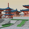 Traditional Ancient Chinese Pagoda Architecture With Blue Roof Red Pillars And Courtyard Steps