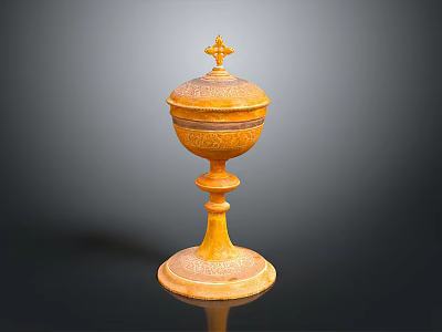 Yellow Carved Sculpture Vessel With Intricate Patterns And Cross Topped Lid On Pedestal Base 3d model