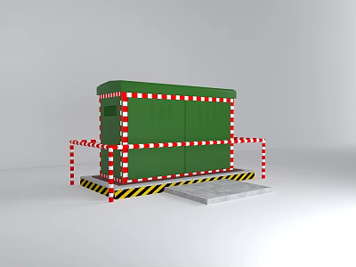 Green Industrial Equipment Featuring Red White Striped Poles Yellow Black Warning Tape And Gray Platform 3d model