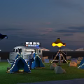 Outdoor Camping Event With Lighted Tents Food Truck And Decorative Umbrella Lights On Grass