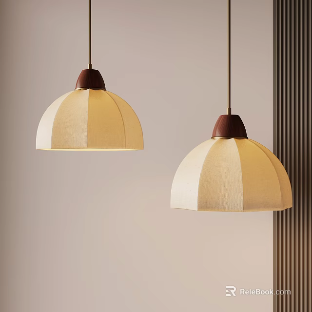 Two Modern Minimalist Pendant Lights With Cream Fabric Shades And Brown Wooden Tops 3d model