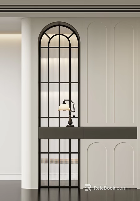 Modern Black Grid Room Divider With Table Lamp And Gray Countertop Against White Wall 3d model 