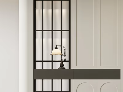 Modern Black Grid Room Divider With Table Lamp And Gray Countertop Against White Wall 3d model