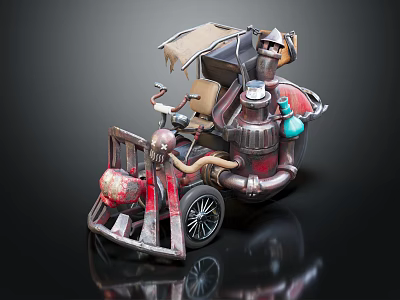 Steampunk Mechanical Cart With Metal Structure Pipes Wheels And Colorful Bottles 3d model