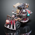 Steampunk Mechanical Cart With Metal Structure Pipes Wheels And Colorful Bottles