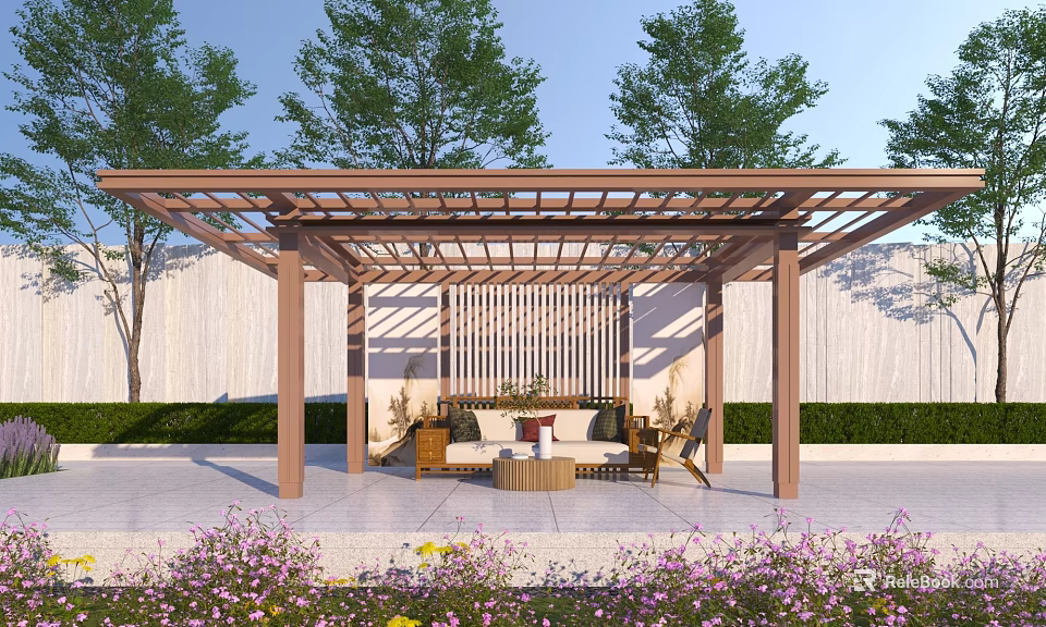 Garden Pavilion with Wooden Structure Surrounding Trees White Wall Seats and Coffee Table Purple Flowers 3d model 
