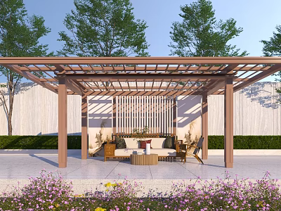 Garden Pavilion with Wooden Structure Surrounding Trees White Wall Seats and Coffee Table Purple Flowers 3d model