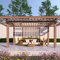Garden Pavilion with Wooden Structure Surrounding Trees White Wall Seats and Coffee Table Purple Flowers