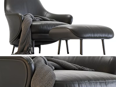 Modern Black Leather Lounge Chair With Ottoman And Cozy Throw Blanket 3d model