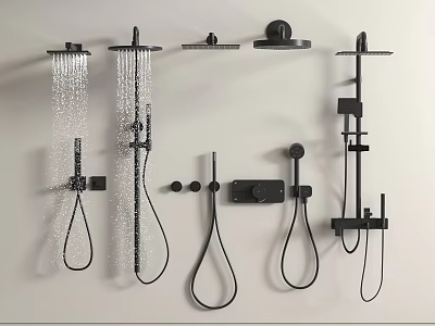 Black Wall Mounted Shower Heads With Various Types And Water Flow Features 3d model