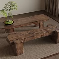 Rustic Wooden Table And Bench Setup With Green Plant On Rug Near Curtains And Window