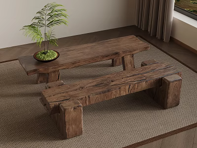 Rustic Wooden Table And Bench Setup With Green Plant On Rug Near Curtains And Window 3d model