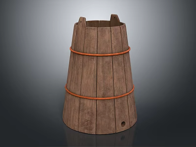 Wooden Bucket Shaped Decorative Ornament Set With Orange Hoops And Wood Grain 3d model