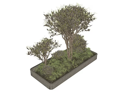 Rectangular Outdoor Tree Planter With Small And Large Trees And Green Shrubs 3d model