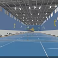 Indoor Badminton Court With Blue Floor Sport Figure Graphics And Fitness Area Setup