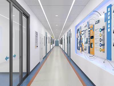 Modern Laboratory Long Corridor With Ceiling Lights And Exhibition Wall 3d model