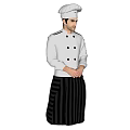 Man In White Chef Hat And Coat With Black Buttons Wearing Black Striped Apron