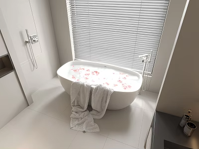 Modern Bathroom Interior Featuring White Bathtub With Flower Petals And Towel 3d model