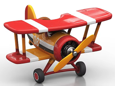 Toy Biplane with Red White Wings Yellow Propeller Black Wheels and 08 Number on Fuselage 3d model