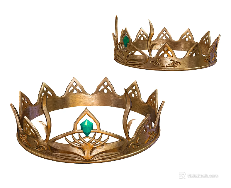 Exquisite Golden Crowns With Green Gemstones And Intricate Decorative Patterns 3d model 
