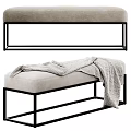 Modern Beige Upholstered Sofa Bench With Black Metal Frame And Throw Blanket