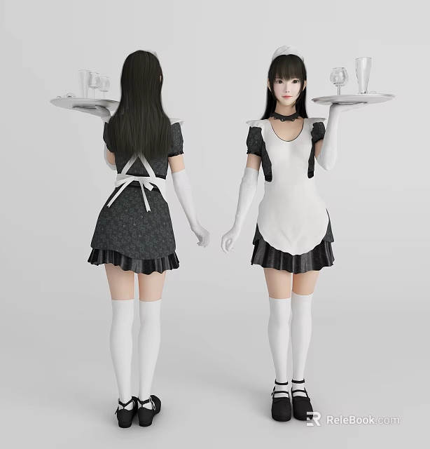 Woman in Classic Maid Outfit Holding Tray with Wine Glasses Front Back View 3d model 